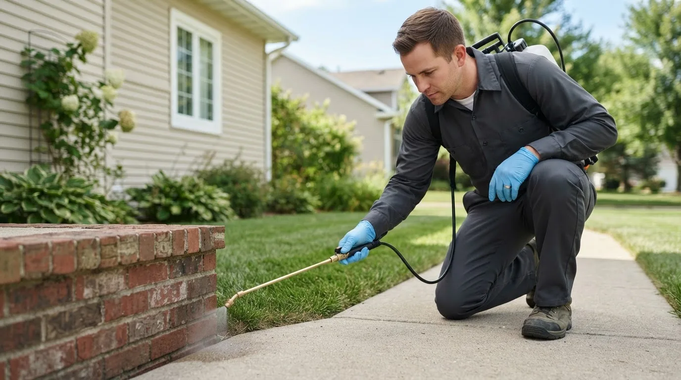 Pest control technician treating a home near Drewsville, NH