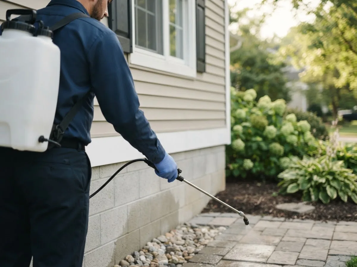 Pest control technician inspecting a home in Drewsville, NH